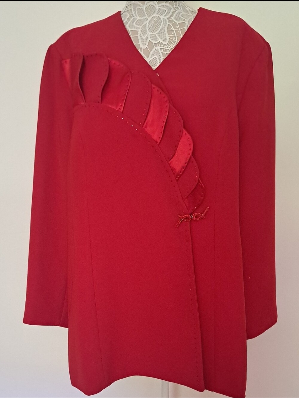 Vintage 80s 90s Caramia Vibrant Red V-Neck Blazer with Red Rhinestone